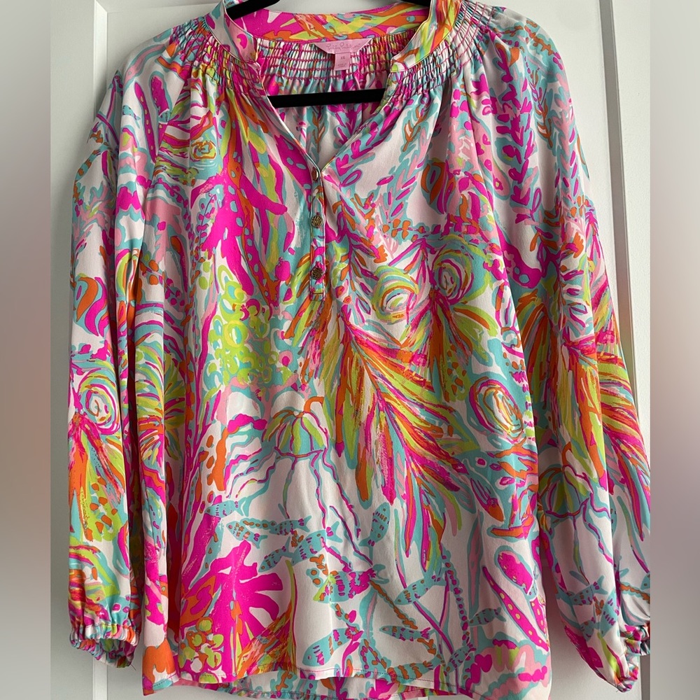 Lilly Pulitzer Elsa neon tropical silk blouse size XS